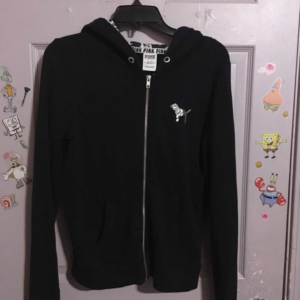 2015 PINK Victoria's Secret Black Meduim Sequin Zip-Up Hoodie with Dog Logo